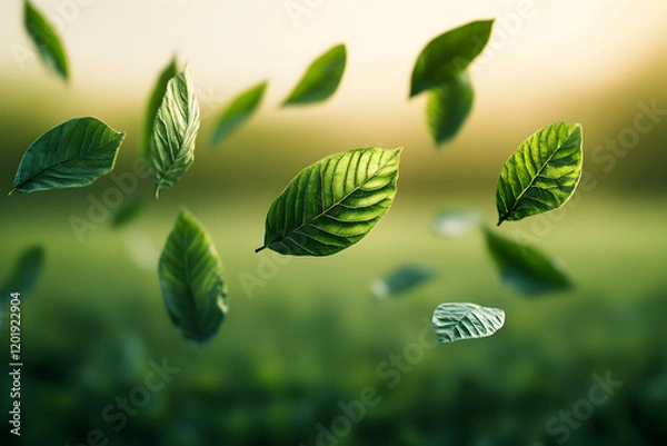 Fototapeta Serene image of green leaves gently floating in a soft, sunlit natural setting.  Perfect for environmental themes or peaceful concepts.