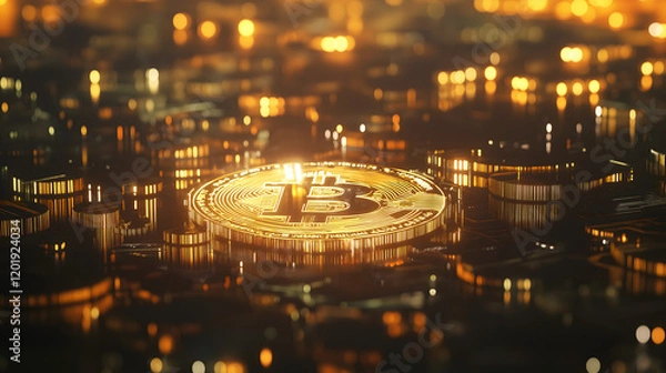 Fototapeta Bitcoin Coin Radiating Golden Glow in a Dark Setting
