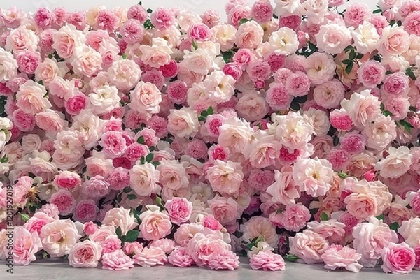 Fototapeta A wall of pink roses in full bloom, showcasing intricate details and natural beauty, with delicate texture and soft petals. Perfect concept for Women's Day, Mother's Day, Valentine's Day, Girl’s Day.