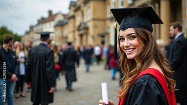 Fototapeta A joyful graduate in a black cap and gown holds her diploma, smiling brightly.