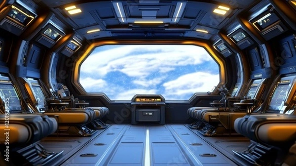 Fototapeta Futuristic Spaceship Interior with Large Window