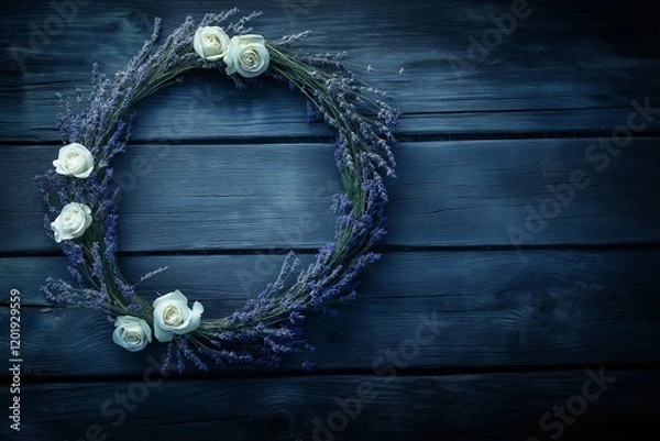 Fototapeta This elegant Easter wreath features white roses and lavender, beautifully arranged on a dark wooden background, perfect for spring decorations.