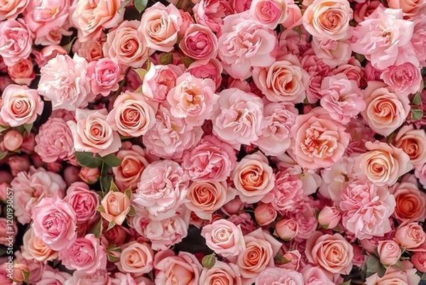 Fototapeta A wall of pink roses in full bloom, showcasing intricate details and natural beauty, with delicate texture and soft petals. Perfect concept for Women's Day, Mother's Day, Valentine's Day, Girl’s Day.