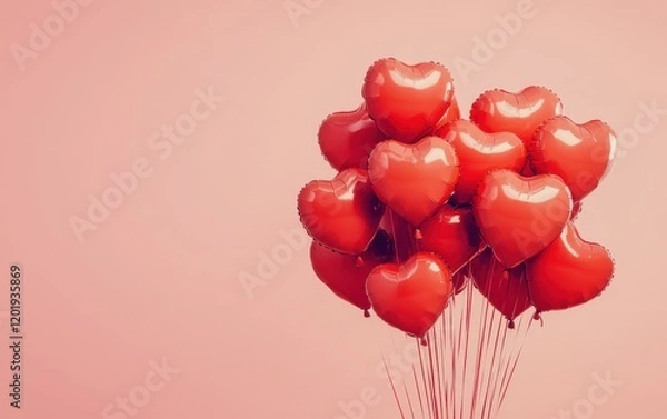 Fototapeta Cluster of vibrant red heart-shaped balloons floating elegantly against a soft pink backdrop during a celebration
