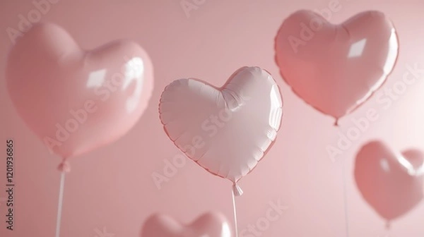 Fototapeta Delicate light pink heart-shaped balloons floating gracefully against a soft pink background during a celebration or event