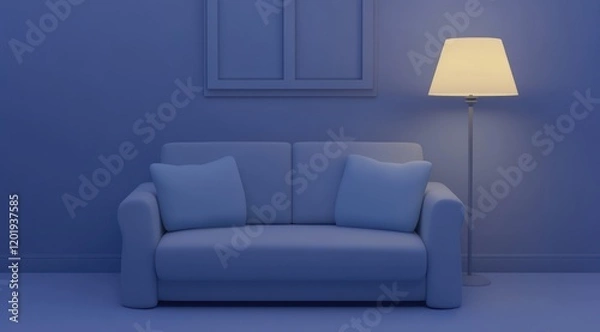 Fototapeta Serene night scene sofa, lamp, window.