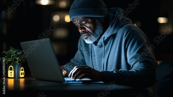 Fototapeta Late Night Work: A focused senior man in a beanie and hoodie intently works on his laptop under the glow of a desk lamp. His eyes are fixated on the screen, suggesting a deep immersion in his task.