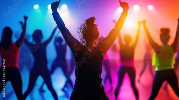 Fototapeta A Zumba dance class with vibrant energy, colorful lights, and enthusiastic participants