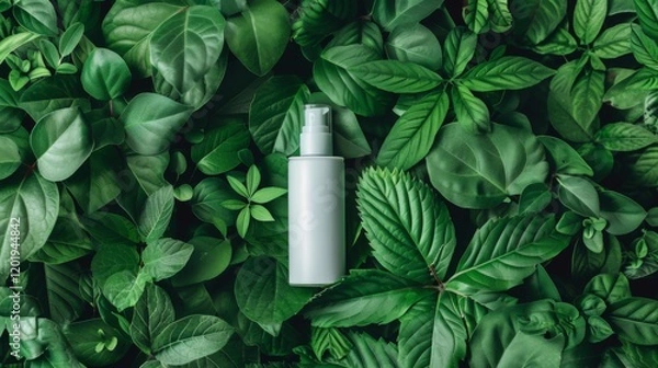 Fototapeta White spray bottle with blank label placed on green leafy background for natural skincare branding mockup and eco-friendly advertising visuals  
