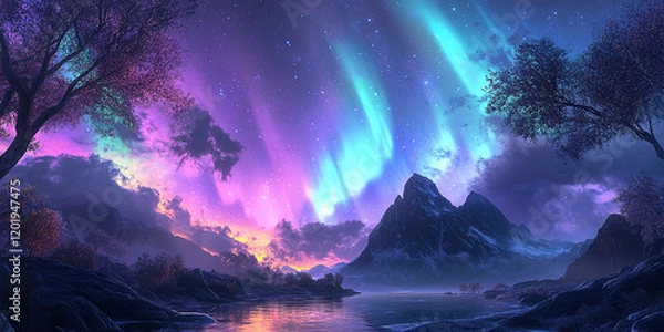 Fototapeta A breathtaking starry night sky with vibrant aurora lights above a serene landscape, symbolizing wonder, nature's beauty, and the mysteries of the universe.