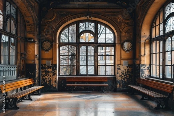 Fototapeta A vintage waiting area with wooden benches and large windows, evoking nostalgia and quiet reflection.