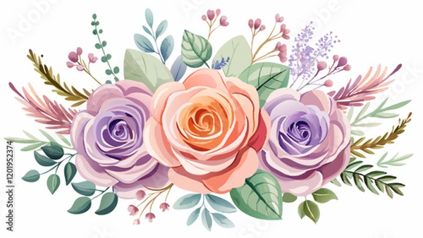 Fototapeta An arrangement of whimsical pastel roses with detailed petals, accompanied by sprigs of lavender and eucalyptus, in a soft watercolor style on a white background 