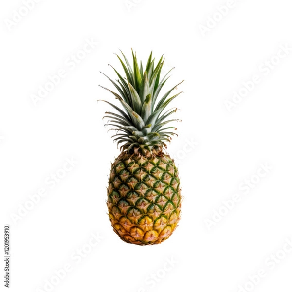 Fototapeta Ripe Pineapple: A single, whole pineapple stands vibrant and ripe, showcasing its textured skin and spiky crown against a clean background.  The image evokes feelings of tropical warmth and sweetness.