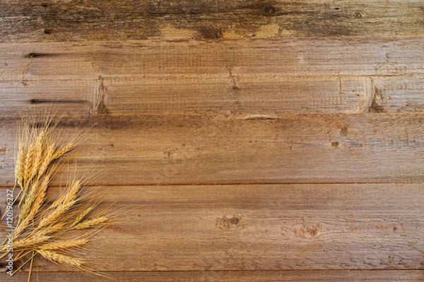 Fototapeta ears of wheat on the wooden background