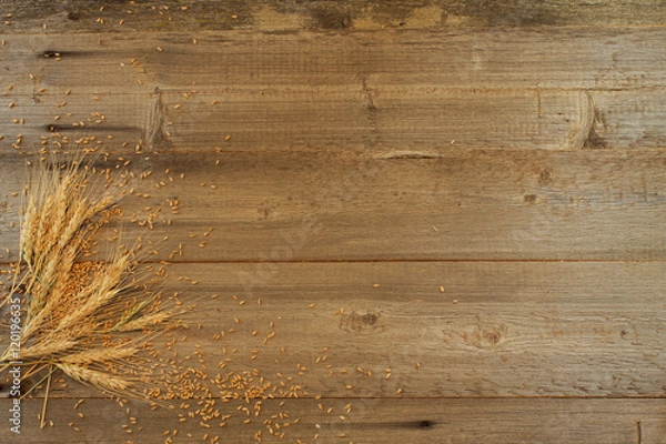 Fototapeta wheat ears with grains on the wooden background