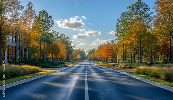 Fototapeta Beautiful Suburban Street Lined with Autumn Trees and Soft Morning Light in a Peaceful Neighborhood