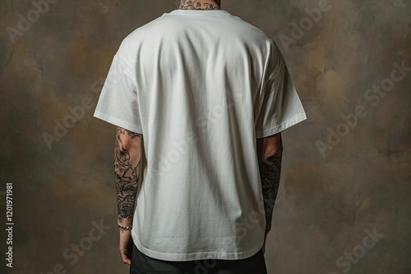 Fototapeta White oversized t-shirt mockup on a tattooed male model, photographed from behind on a  solidbackground. Model has full sleeve tattoos and is styled in a contemporary fashion. Standing pose with face