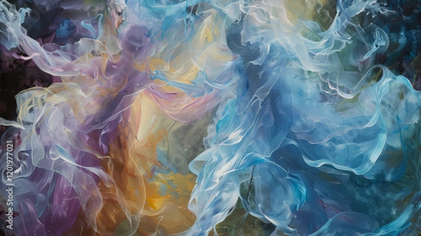 Fototapeta Capture the ethereal beauty of Celestial Dancers in a mesmerizing close-up oil painting highlighting their graceful movements and otherworldly attire