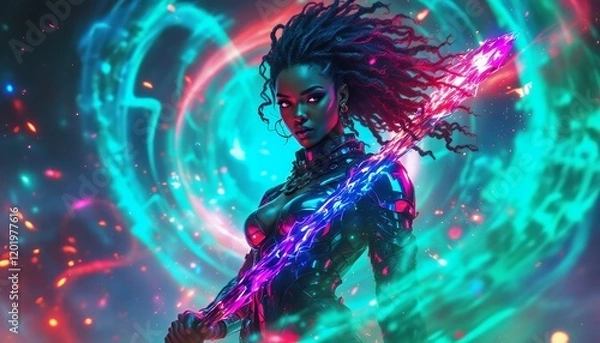 Fototapeta Cyberpunk Warrior Woman Digital Art Neon Lights