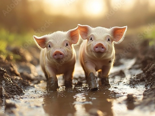 Fototapeta Piglets playing in mud puddle at sunset