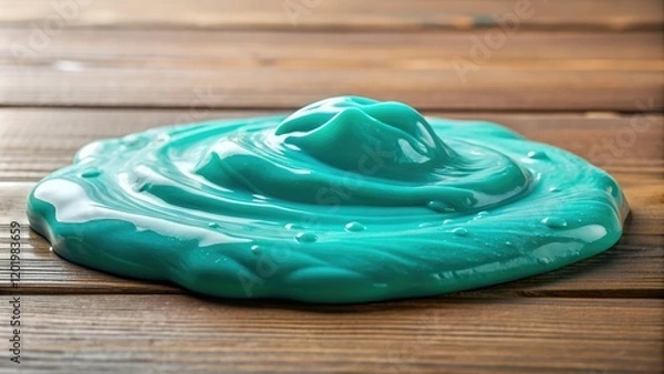 Fototapeta A small pool of turquoise colored slime on a table with various textures and objects nearby, creative activity, slime fun, hands off, tactile experience, messy play