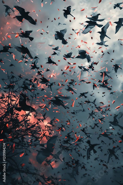 Fototapeta Create a surreal scene of birds flocking together in a mesmerizing dance from a high-angle view within a virtual reality environment Utilize vector art to enhance the fluidity of their movements, inco