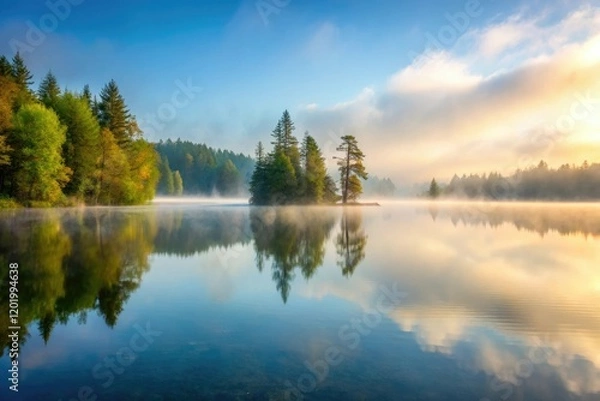 Fototapeta A misty morning with fog rolling in off the tranquil lake surface, water, calm