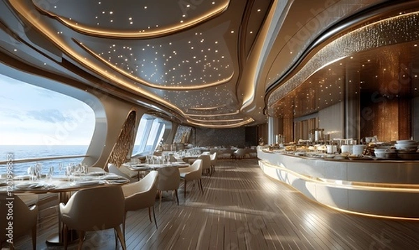 Obraz Luxurious dining area with ocean views and elegant lighting on a cruise ship or yacht
