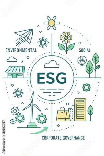 Obraz ESG concept illustration showcasing environmental, social, and corporate governance elements, including renewable energy, sustainable practices, and community well being
