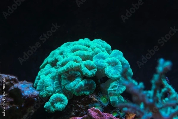 Fototapeta Caulastraea curvata green fluorescent colony in laminar wave flow, nano reef marine aquadesign, frag head, live rock ecosystem in actinic blue LED, coral farming hobby, professional aquarist care