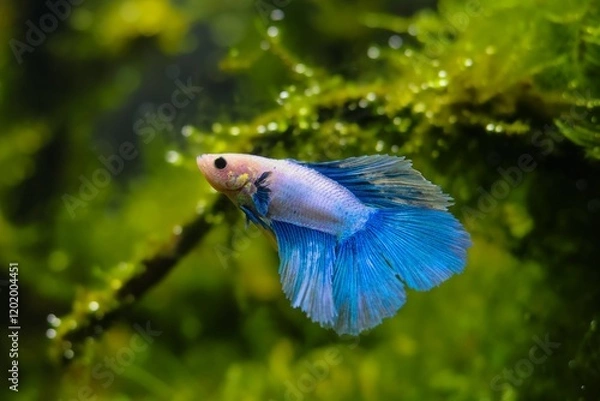 Fototapeta dominant veiltail Betta splendens male aggression, moss planted Amano style aquascape, hardy artificial aqua breed of wild species, lush aquatic vegetation, bright LED light, shallow dof bokeh