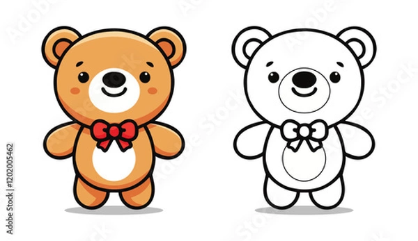 Fototapeta Abstract Cute Teddy Bear Cartoon Vector Illustration Happy face, Fluffy, Childhood Icon Black and White Outline Drawing Smiling Teddy Sitting, Designed Mascot, Symbol, Toy with Transparent background