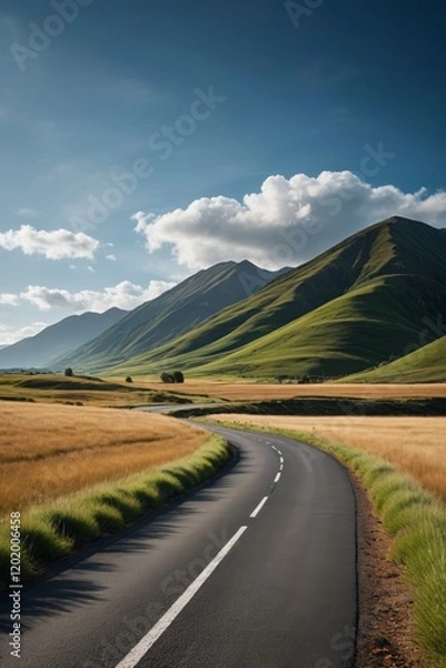 Obraz there is a long road going through a field with mountains in the background