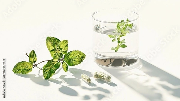 Fototapeta Fresh Mint Leaves in Glass with Water and Herbal Capsules Displayed