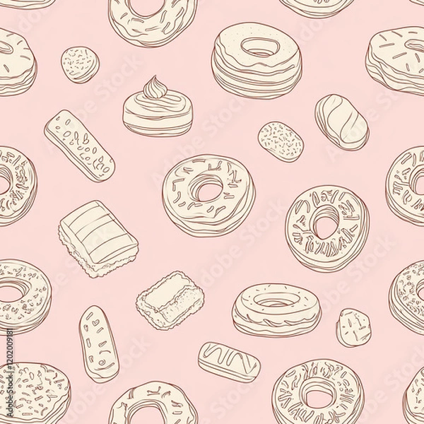 Fototapeta Hand-drawn Texture of Sweet Donuts and Cakes with Creamy Frosting on Pink Background