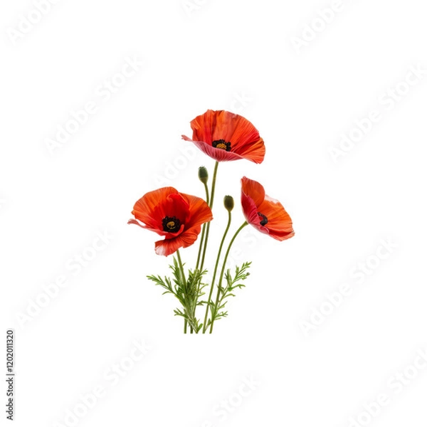 Fototapeta Poppies in Bloom: A cluster of vibrant red poppies stand tall against a crisp white backdrop, their delicate petals unfurling in a celebration of life and beauty.