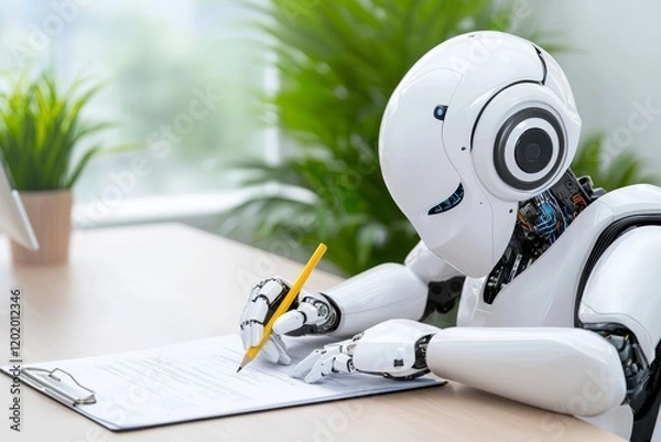 Fototapeta A white robot, seated at a table, writes with a pencil on paper, illustrating the concept of a robot writer.