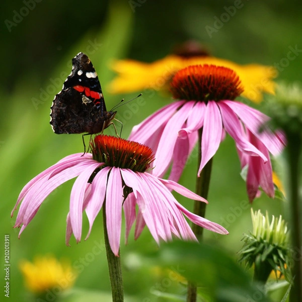 Fototapeta In a garden on a large flower of a echinacea motley beautiful butterfly sit.