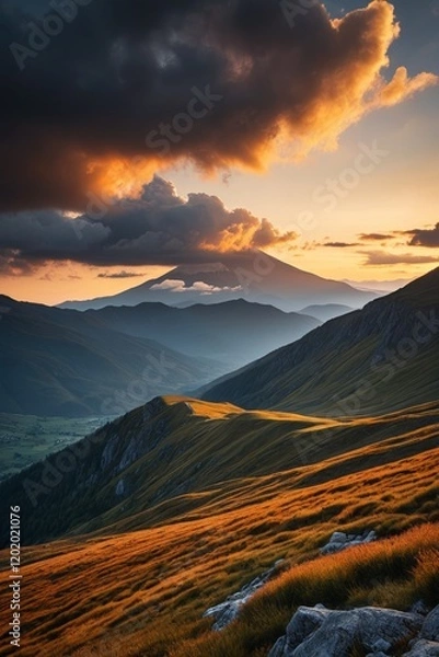 Fototapeta mountains with a grassy field and a few clouds in the sky