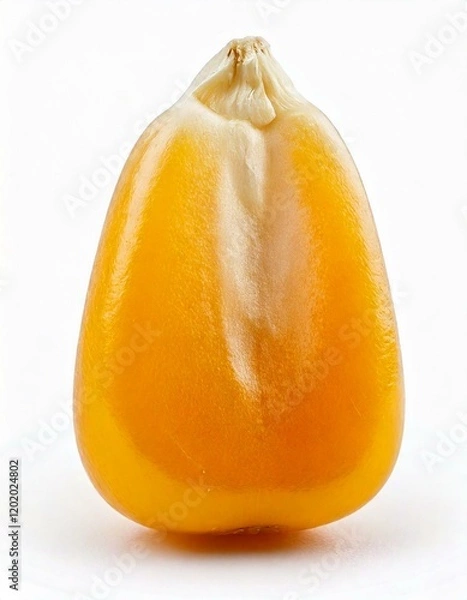Fototapeta Macro photograph of a bright yellow corn kernel isolated on a white background, showcasing its texture and vibrant color.