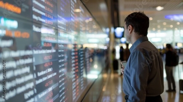 Fototapeta A Man standing at airport terminal, gazing at large digital screen showing immigration policies, amidst bustling crowd and luggage, highlighting importance of travel regulations and border control 