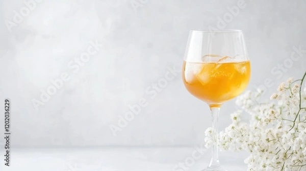 Fototapeta A glass of refreshing orange drink with ice, accompanied by delicate white flowers, set against a soft gray background.