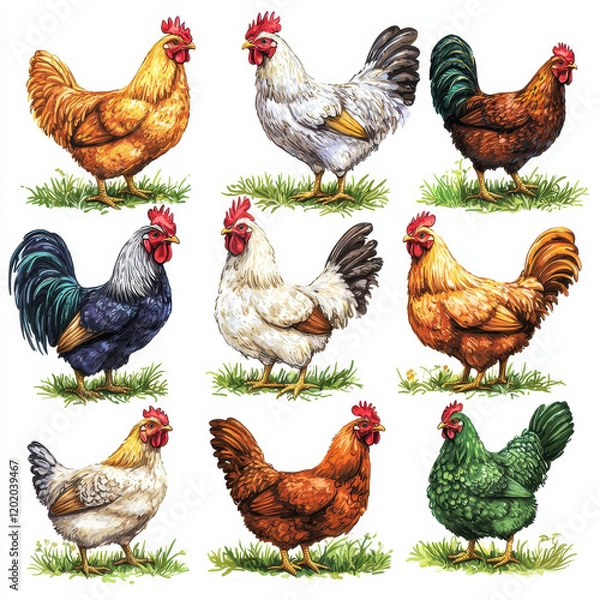 Fototapeta Charming illustration of various chicken breeds in vibrant colors and poses
