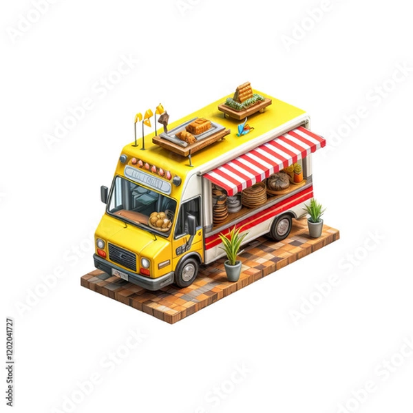 Fototapeta Yellow Food Truck:  A vibrant yellow food truck with a red and white striped awning is parked on a rustic cobblestone street, ready to serve delicious treats.
