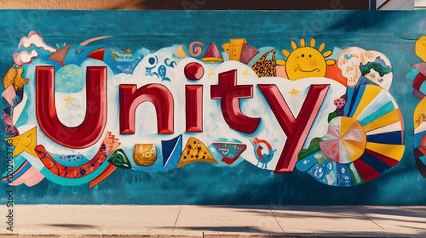 Fototapeta Bright urban mural showcasing the word Unity with vibrant colors and diverse symbols of togetherness and community spirit