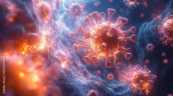 Fototapeta Microscopic View of Viruses in a Complex Environment