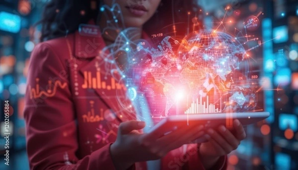 Fototapeta Woman analyzing global data on tablet, server room background