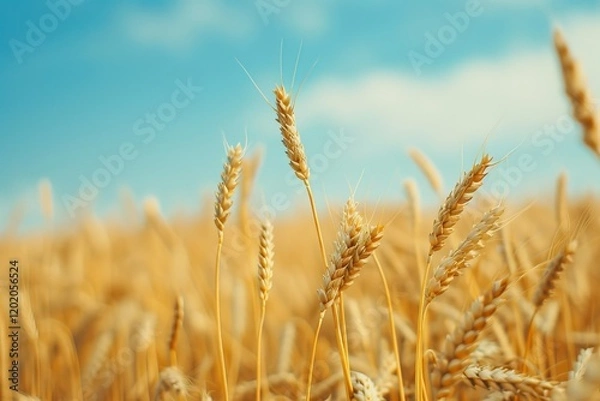 Fototapeta Beautiful Field of Ripe Wheat of Golden Color Against Blurred Background of Blue Sky