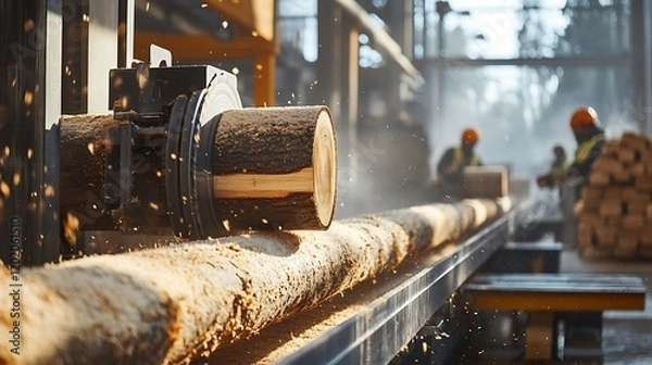 Fototapeta Logs being processed in a modern sawmill
