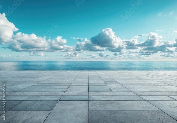 Fototapeta Serene Ocean View with Clear Blue Sky and Soft White Clouds Over a Tranquil Horizon Reflecting Calm Waters – Ideal for Meditation, Relaxation, and Nature Themes